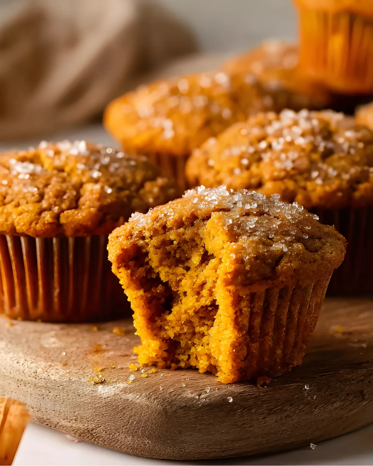 Moist Pumpkin Banana Muffin with a bite taken out, showing soft interior and sugar topping