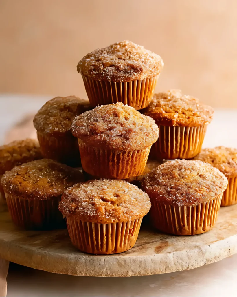 Batch of Pumpkin Banana Muffins stacked on a rustic wooden board with sugar topping