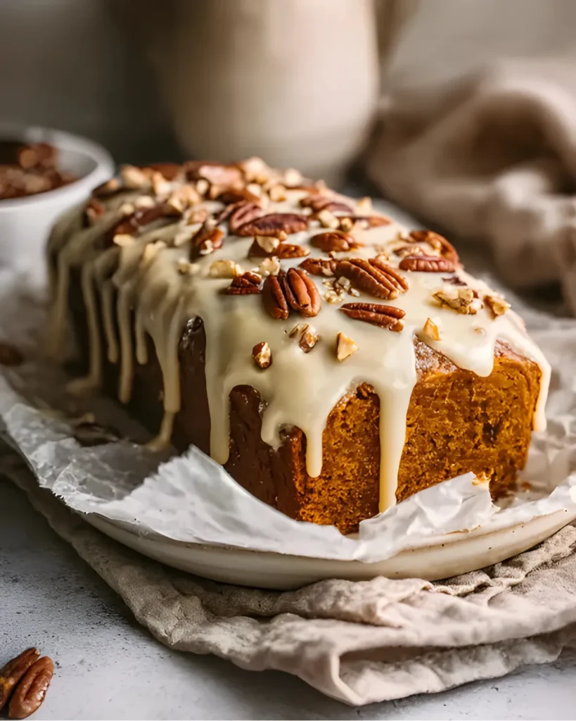 Close-up of 2 ingredient pumpkin bread topped with pecans and vanilla glaze on a rustic plate.
