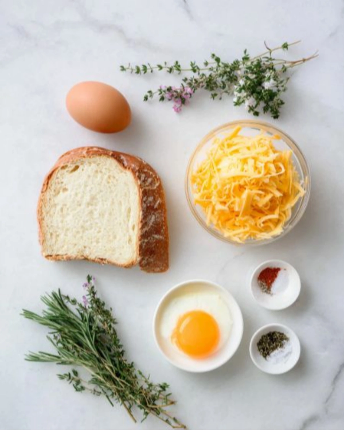 egg-and-cheese-toast-ingredients Ingredients for Egg and cheese toasts including bread, egg, shredded cheese, herbs, and seasonings on a marble surface