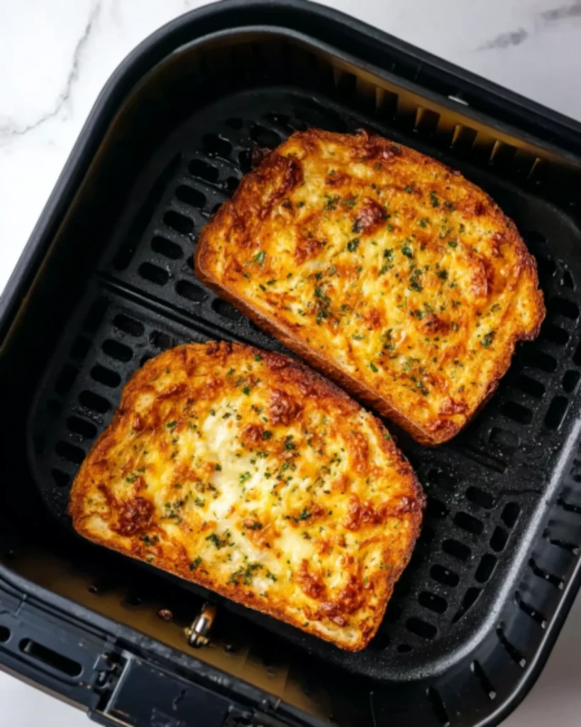 Two slices of golden egg and cheese toast cooked in an air fryer basket