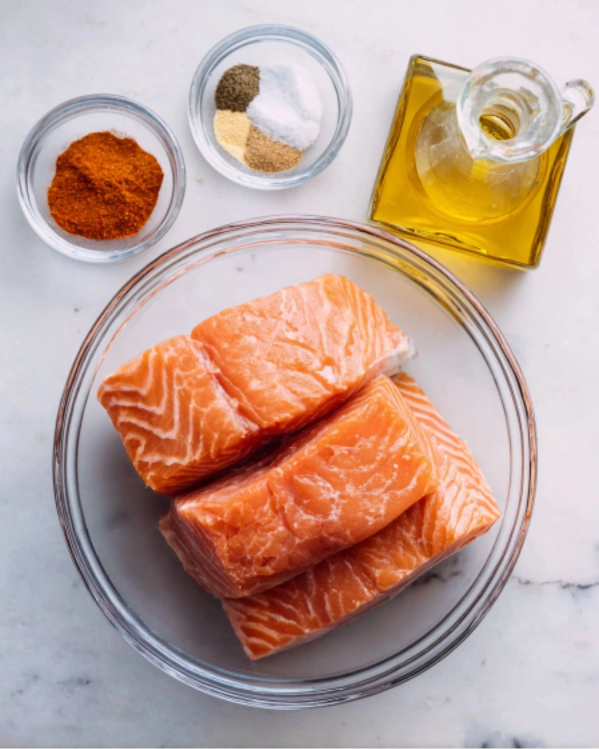 air-fryer-salmon-recipe-ingredients-raw-fillets-seasonings Ingredients for Air Fryer Salmon Recipe including raw salmon fillets, spices, and olive oil