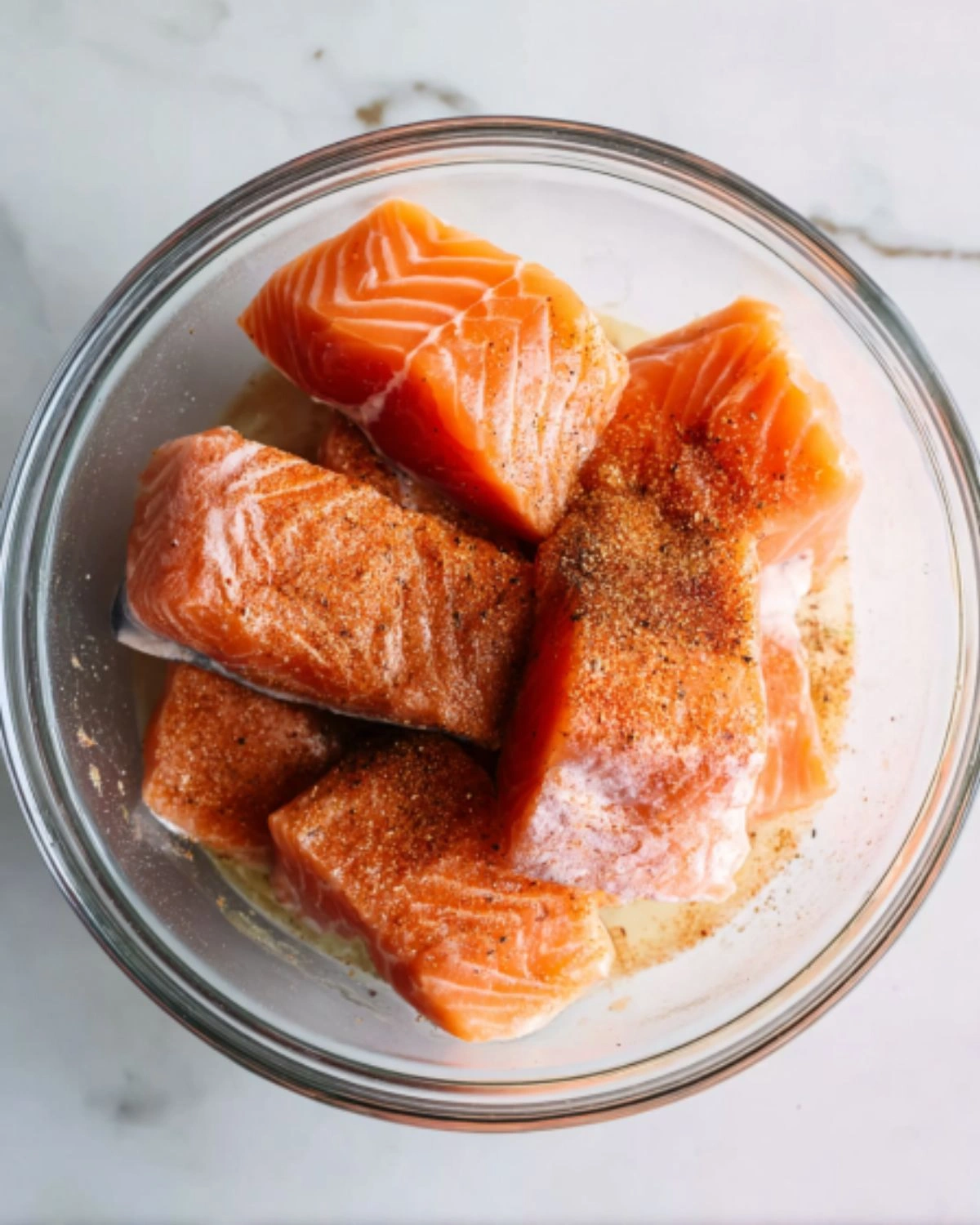 air-fryer-salmon-recipe-step-1-seasoning-fillets Air Fryer Salmon Recipe step 1 showing raw salmon fillets seasoned in a glass bowl