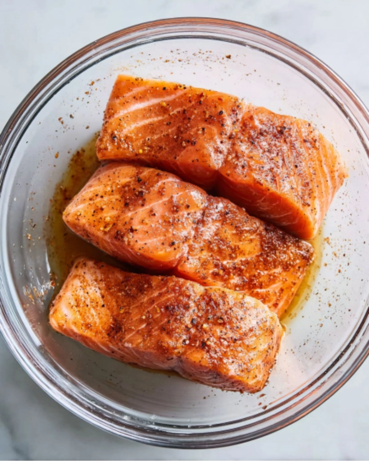 air-fryer-salmon-recipe-step-2-marinated-fillets Air Fryer Salmon Recipe step 2 with salmon fillets fully marinated in spices and oil