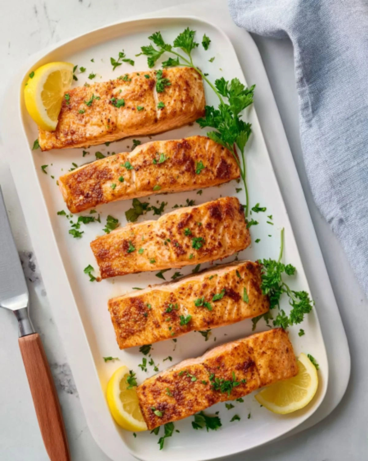 air-fryer-salmon-recipe-lemon-herb-fillet Air Fryer Salmon Recipe served with lemon wedges and fresh herbs on a white platter