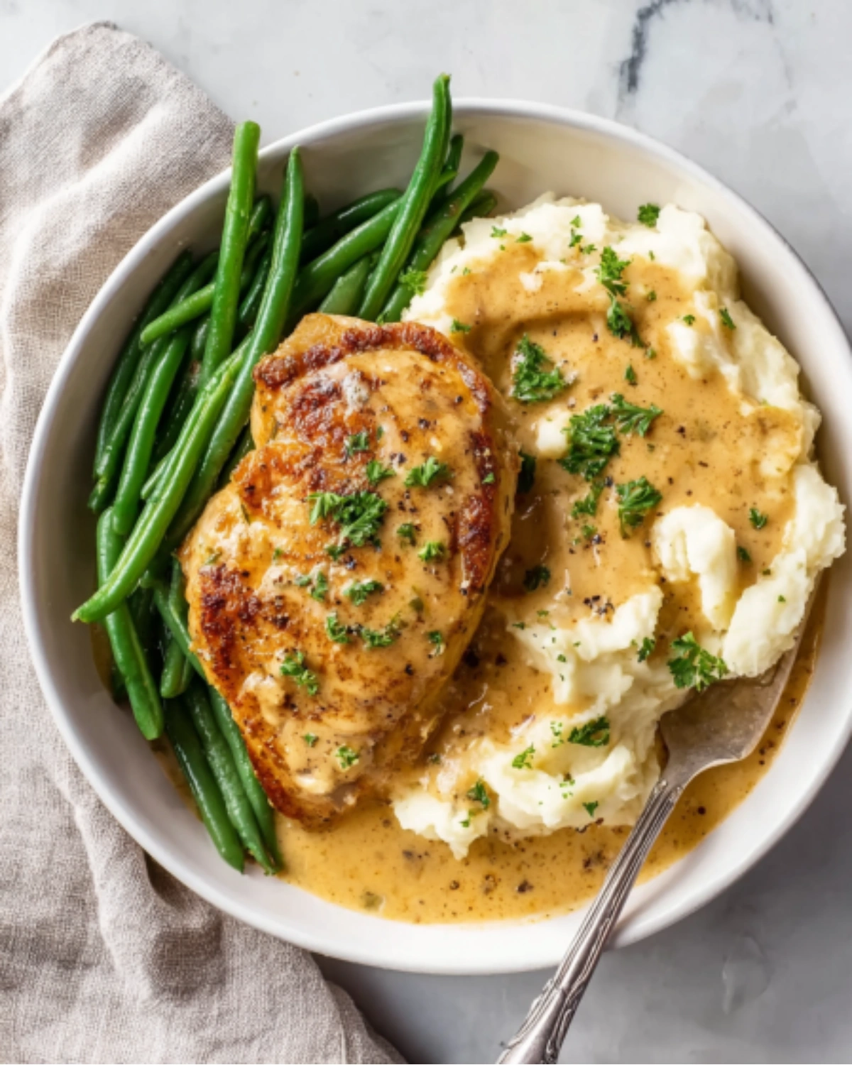 Creamy garlic chicken served with mashed potatoes and green beans in a white bowl