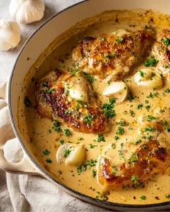 Creamy garlic chicken simmering in a skillet with whole garlic cloves and creamy sauce