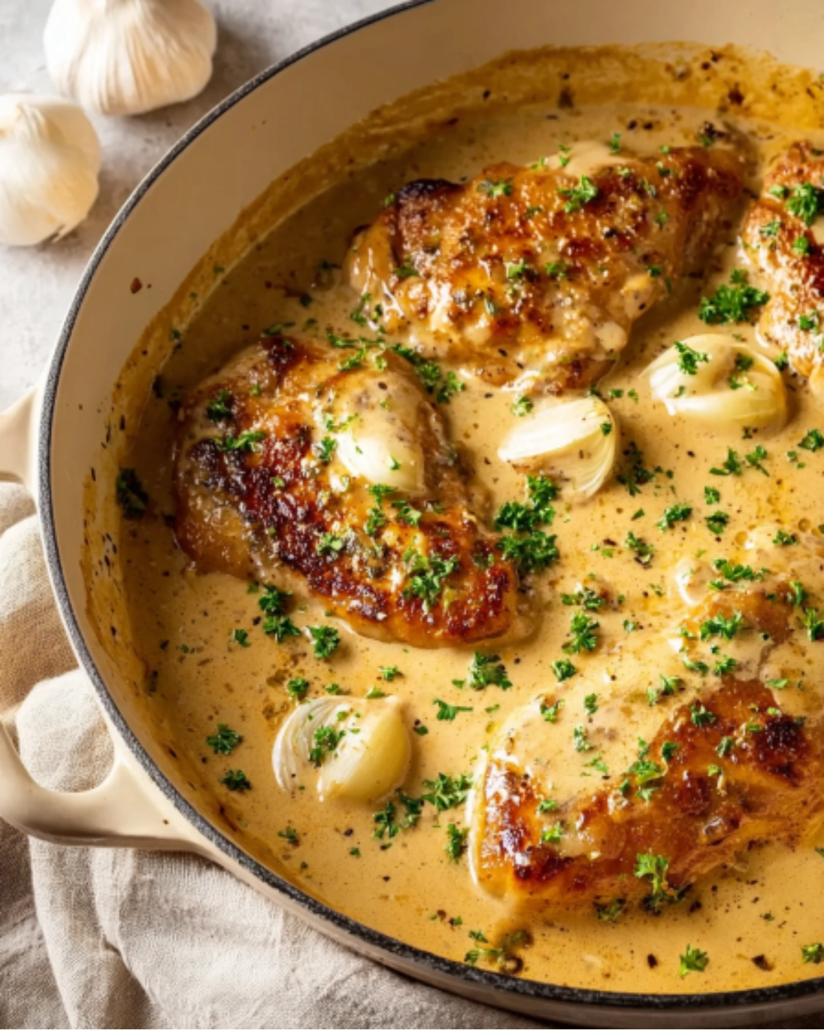 Creamy garlic chicken simmering in a skillet with whole garlic cloves and creamy sauce