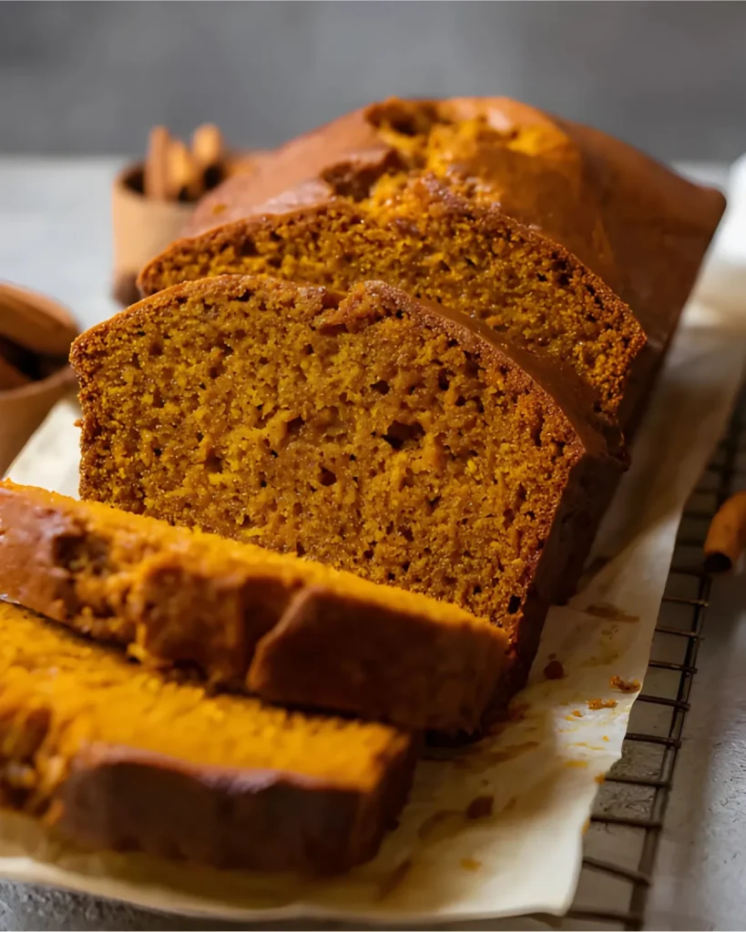 Freshly sliced super moist pumpkin bread with rich golden color and soft texture.