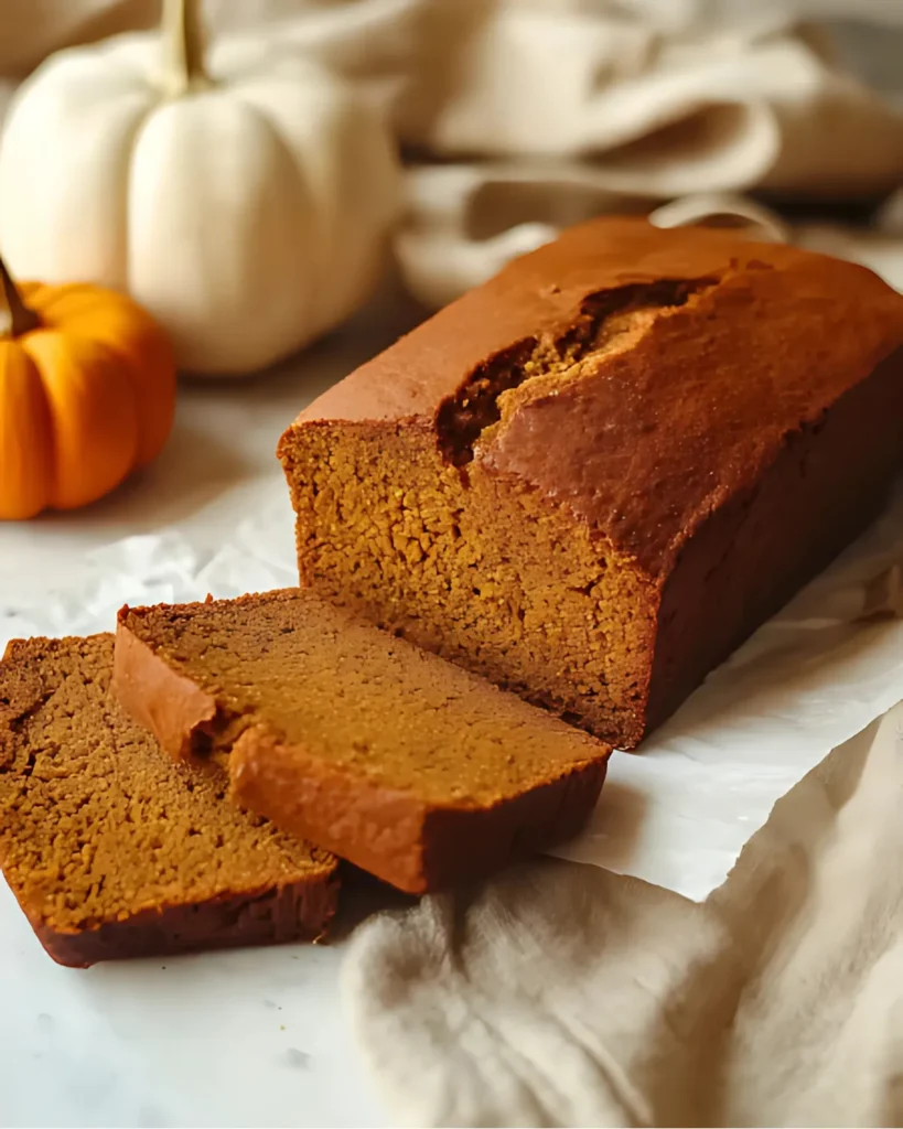 Freshly baked gluten free pumpkin bread sliced on parchment paper with mini pumpkins in the background