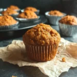 Freshly baked healthy Greek yogurt pumpkin muffins in foil cups on a dark background