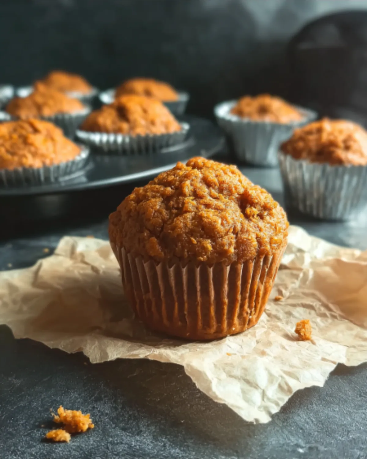 healthy-greek-yogurt-pumpkin-muffins Freshly baked healthy Greek yogurt pumpkin muffins in foil cups on a dark background