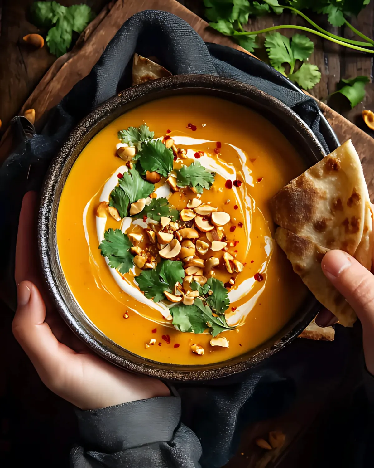 Hands holding a bowl of Thai Pumpkin Coconut Soup topped with cilantro, chopped peanuts, and served with flatbread