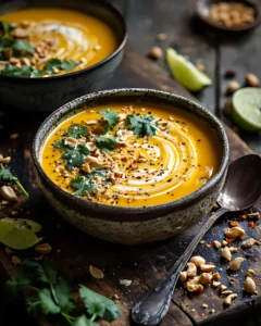 Rustic bowl of Thai Pumpkin Coconut Soup topped with cilantro, crushed peanuts, sesame seeds, and served with lime wedges