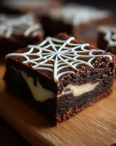 Close-up of rich chocolate spiderweb brownies with creamy filling and white icing web design on top