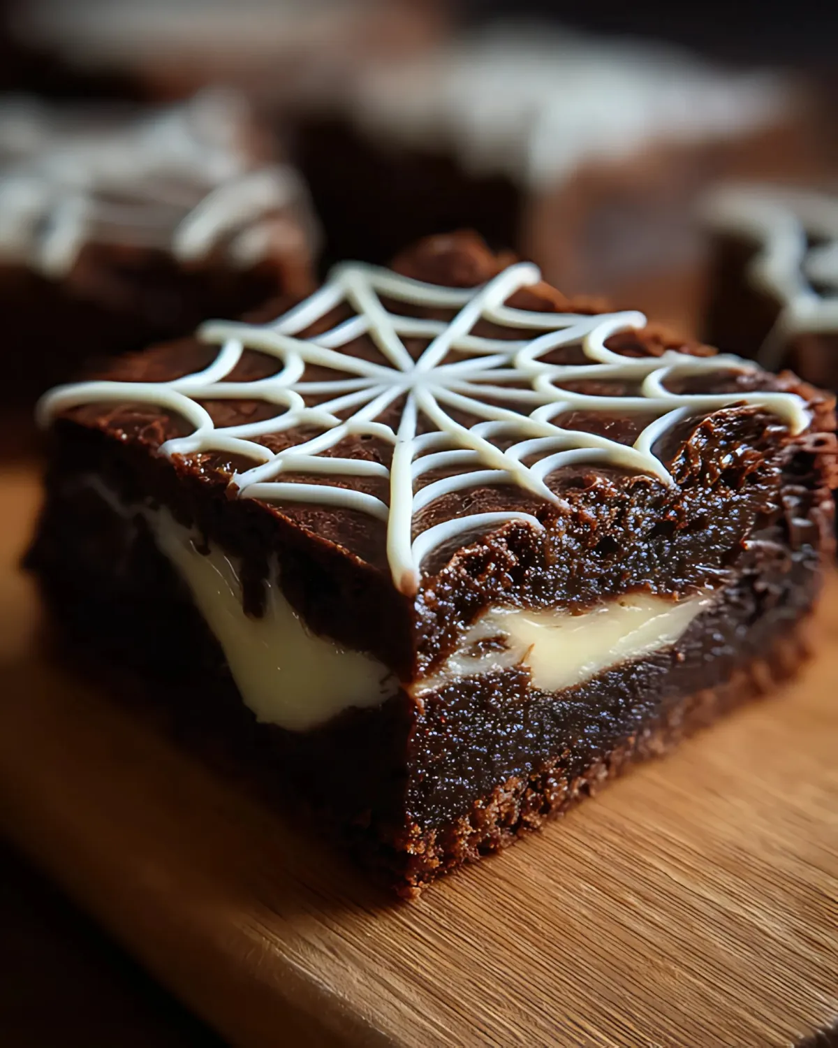 spiderweb-brownies-halloween-chocolate-recipe Close-up of rich chocolate spiderweb brownies with creamy filling and white icing web design on top