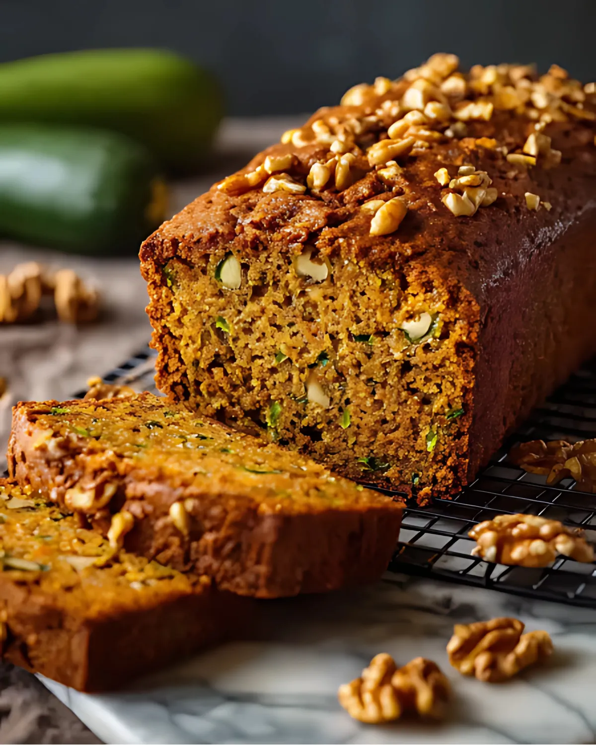pumpkin-zucchini-bread-sliced-loaf-with-walnuts Close-up of sliced pumpkin zucchini bread loaf topped with chopped walnuts, with fresh zucchini in the background.
