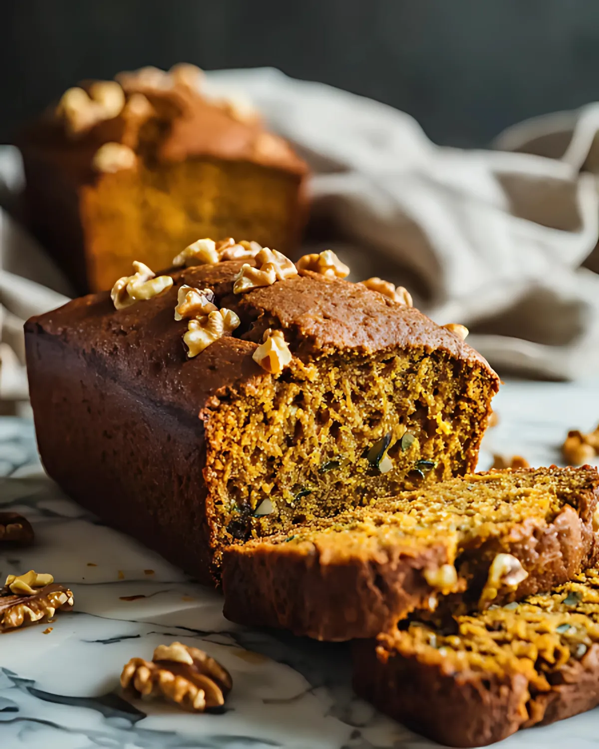 pumpkin-zucchini-bread-loaf-walnuts Sliced loaf of pumpkin zucchini bread topped with walnuts, resting on a marble surface with scattered nuts.