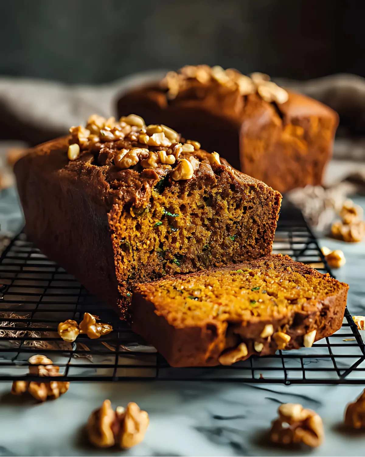 pumpkin-zucchini-bread-moist-recipe Freshly baked pumpkin zucchini bread topped with chopped walnuts, sliced and cooling on a wire rack.