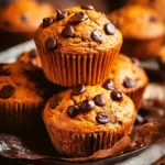 Stack of freshly baked pumpkin chocolate chip muffins with melted chocolate chips on top