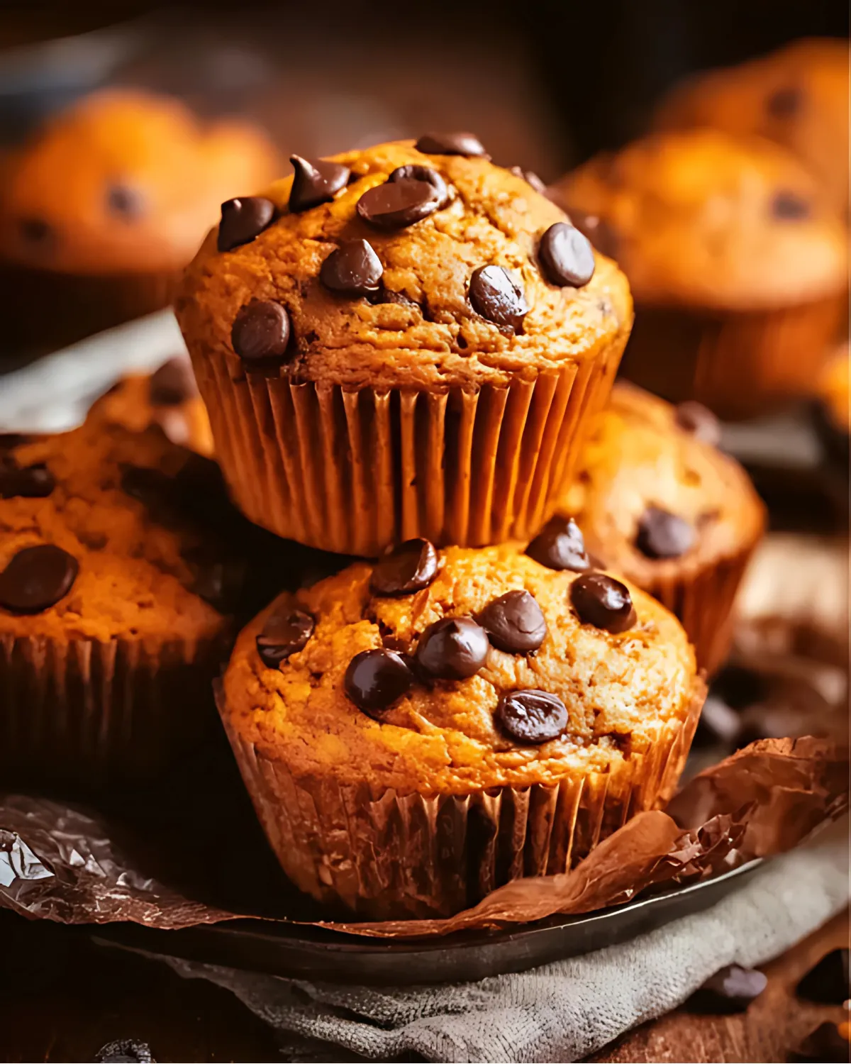 fresh-baked-pumpkin-chocolate-chip-muffins Stack of freshly baked pumpkin chocolate chip muffins with melted chocolate chips on top