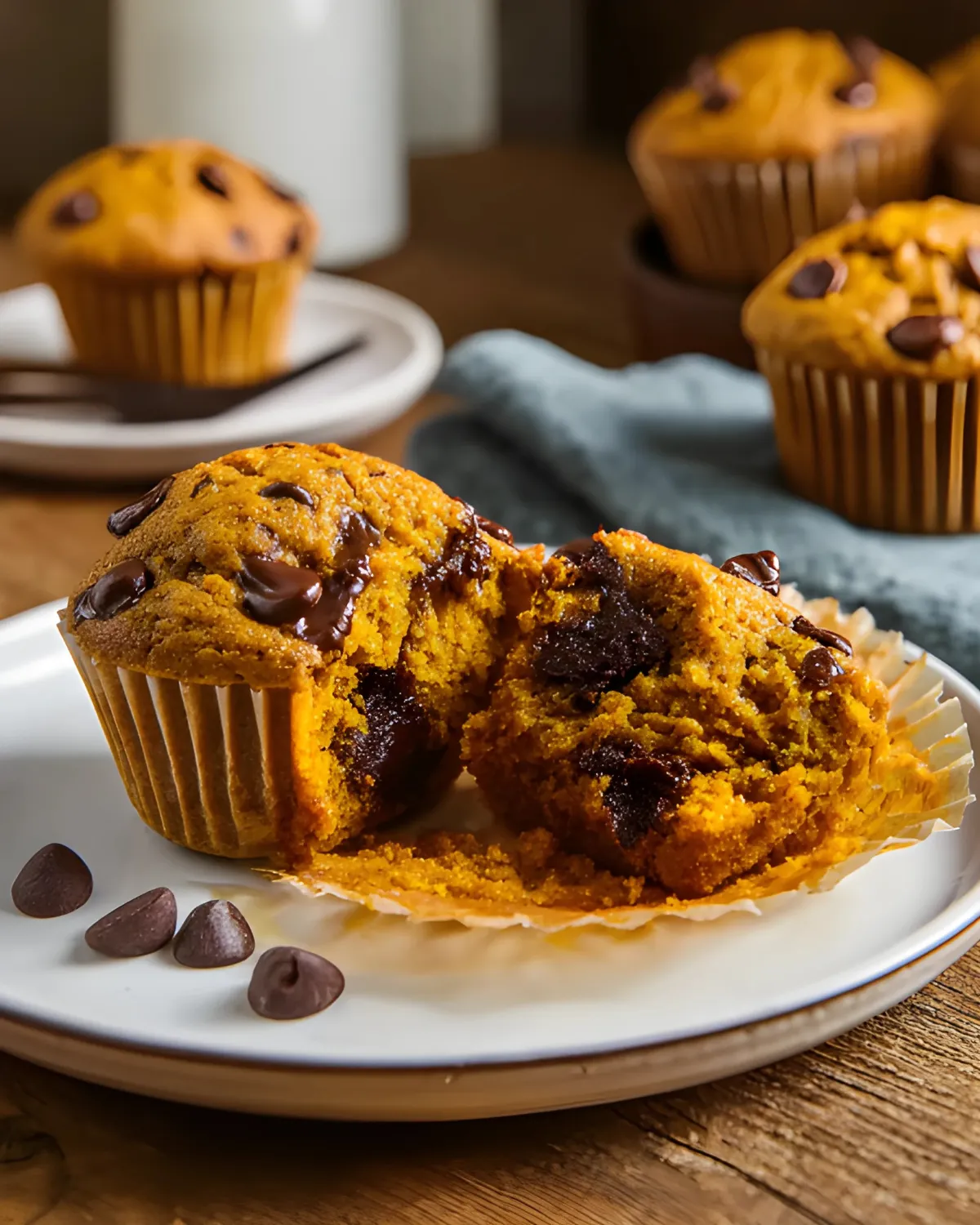 moist-pumpkin-chocolate-chip-muffins-closeup Close-up of moist pumpkin chocolate chip muffins with melted chocolate and fluffy texture