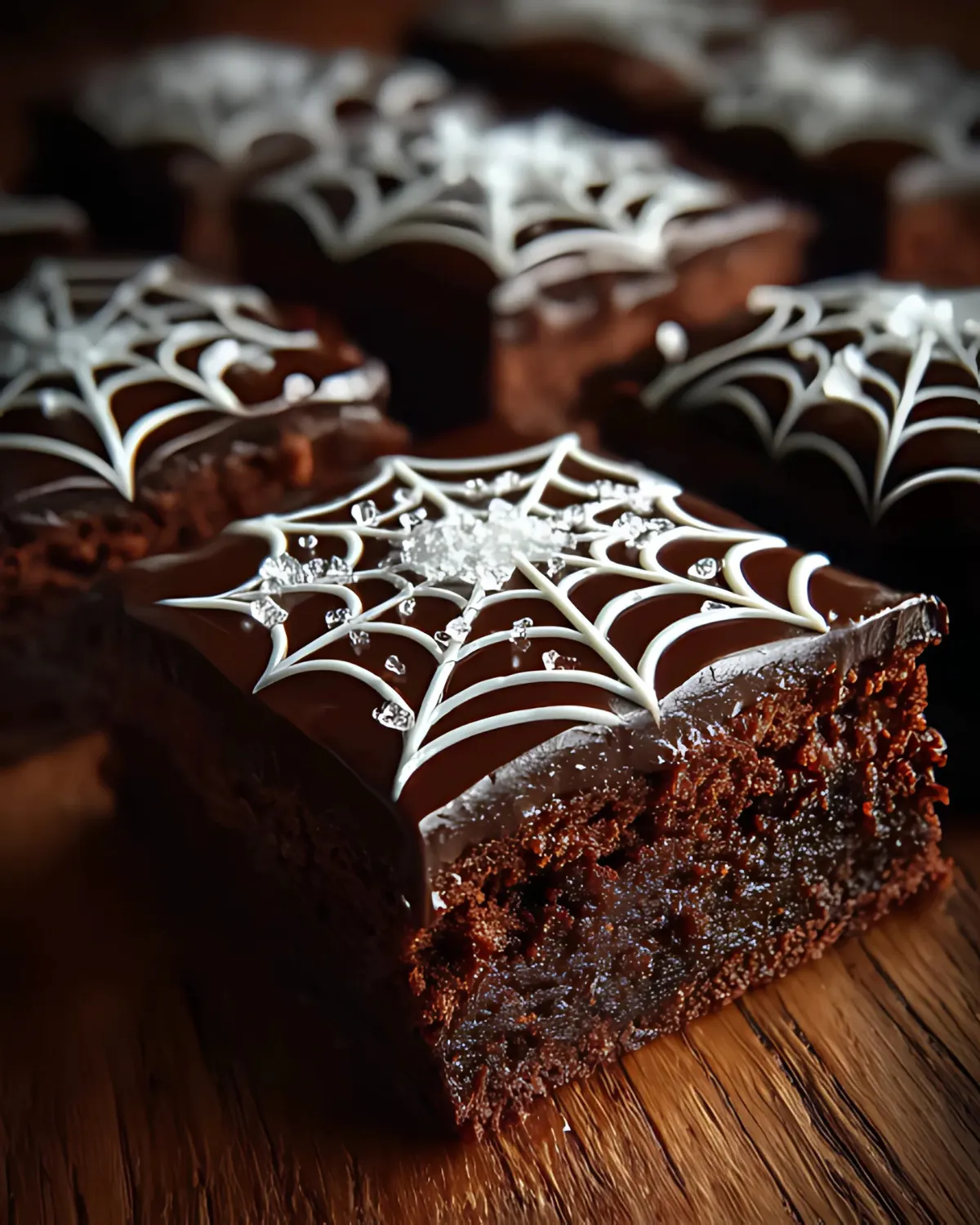 spiderweb-brownies-with-ganache-and-sparkling-sugar Glossy chocolate spiderweb brownies topped with white icing webs and sparkling sugar on a wooden board