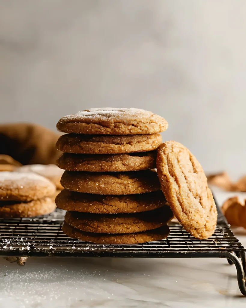 Stack of Maple Pumpkin Cookies on a cooling rack, lightly dusted with sugar.
