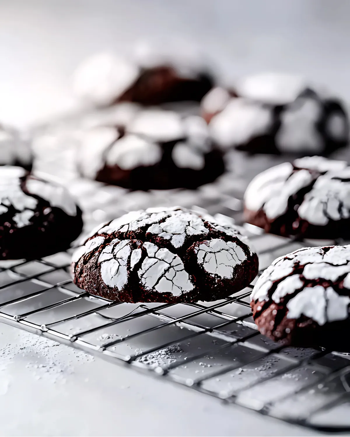 chocolate-cookies-crinkle-cooling-rack Freshly baked chocolate cookies crinkle cooling on a wire rack with powdered sugar cracks