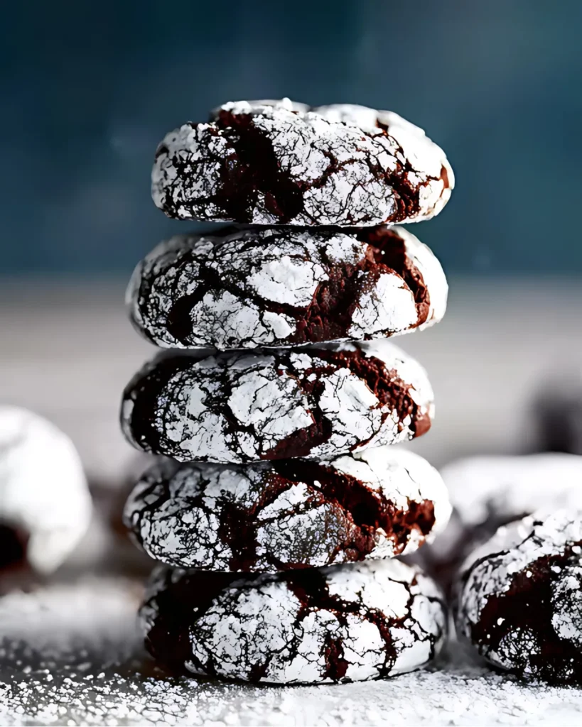 Stack of chocolate cookies crinkle dusted with powdered sugar against a dark background