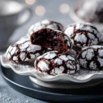 Close-up of homemade chocolate cookies crinkle dusted with powdered sugar on a ceramic plate