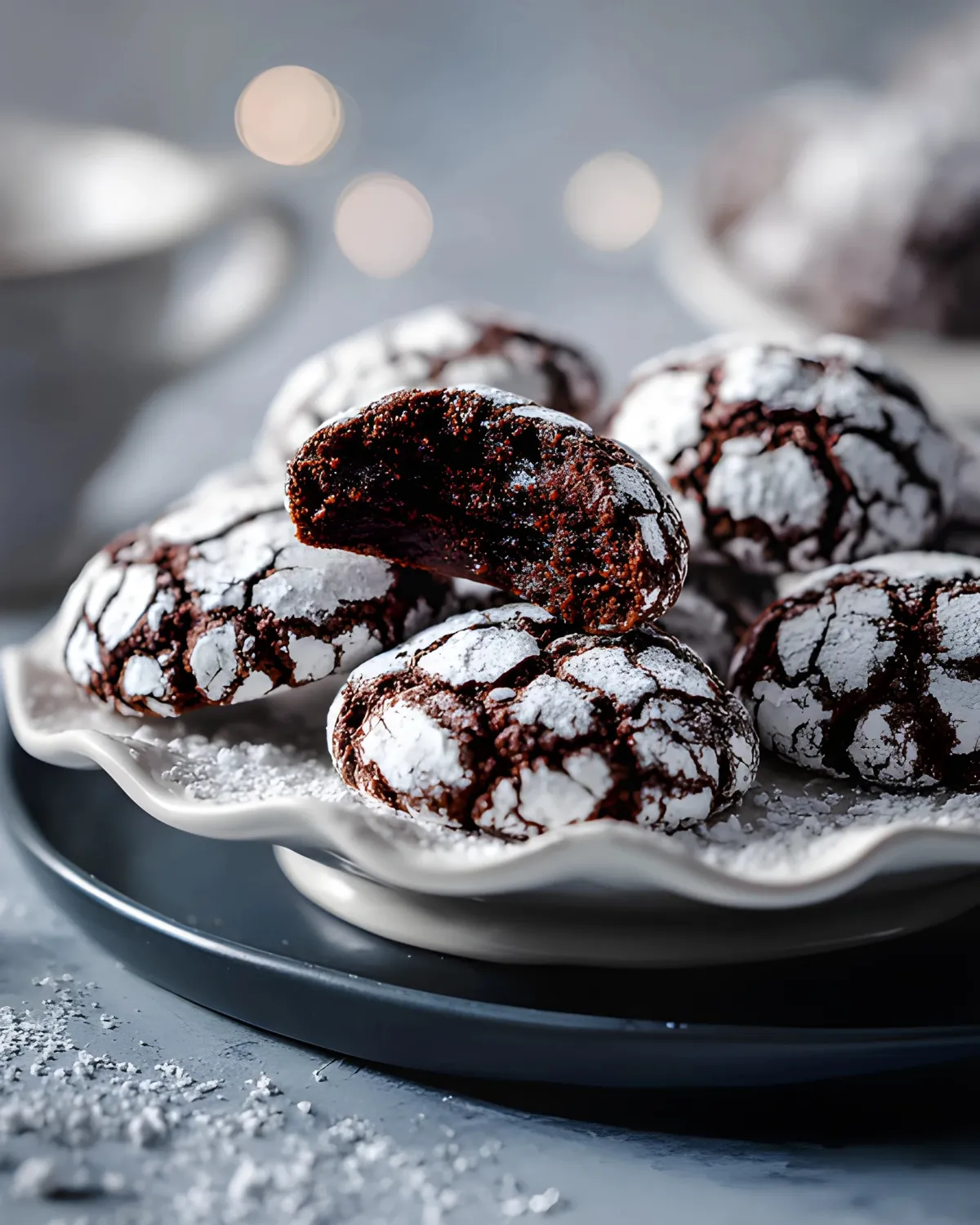 chocolate-cookies-crinkle-on-plate Close-up of homemade chocolate cookies crinkle dusted with powdered sugar on a ceramic plate