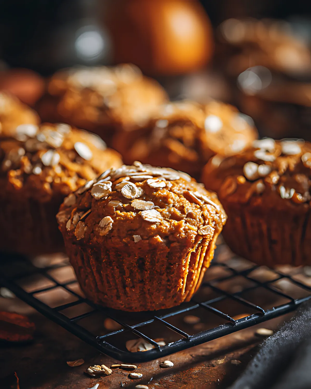 Close-up of rustic pumpkin oatmeal muffins topped with oats cooling on a wire rack