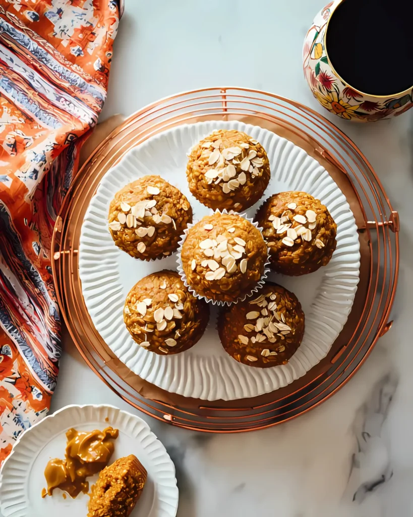 Pumpkin oatmeal muffins topped with oats arranged on a white plate next to a cup of coffee