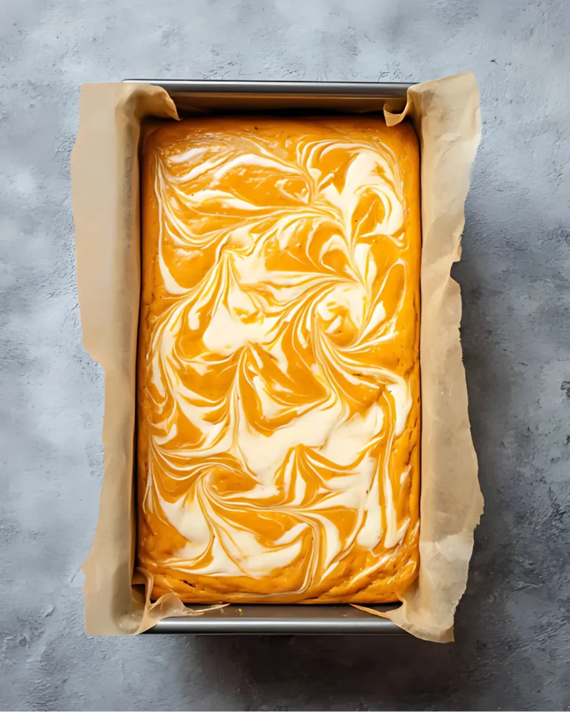 Unbaked pumpkin cheesecake bread batter with cream cheese swirls in a parchment-lined pan