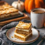 Pumpkin cheesecake bread bars with graham cracker crust served on a ceramic plate beside coffee and pumpkins