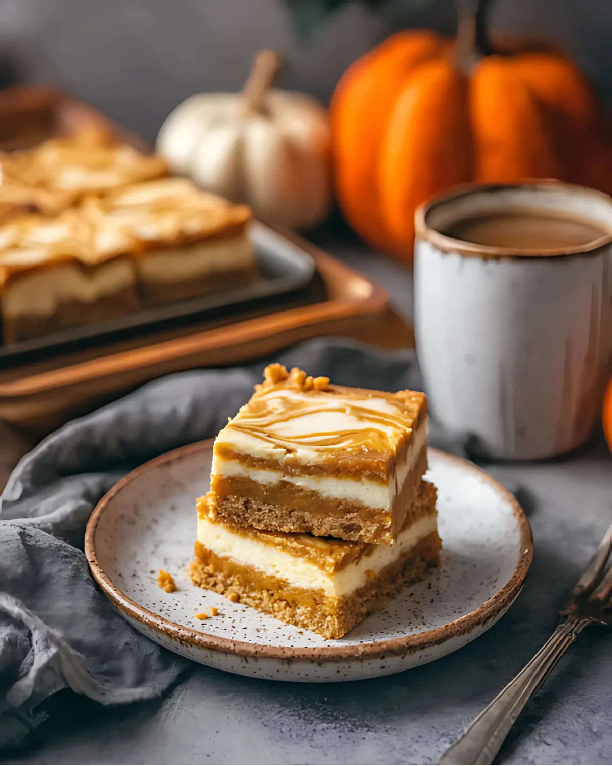 pumpkin-cheesecake-bread-fall-dessert-bars Pumpkin cheesecake bread bars with graham cracker crust served on a ceramic plate beside coffee and pumpkins