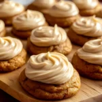 Close-up of Amish pumpkin cookies with frosting recipe on a wooden board, topped with smooth cinnamon icing.