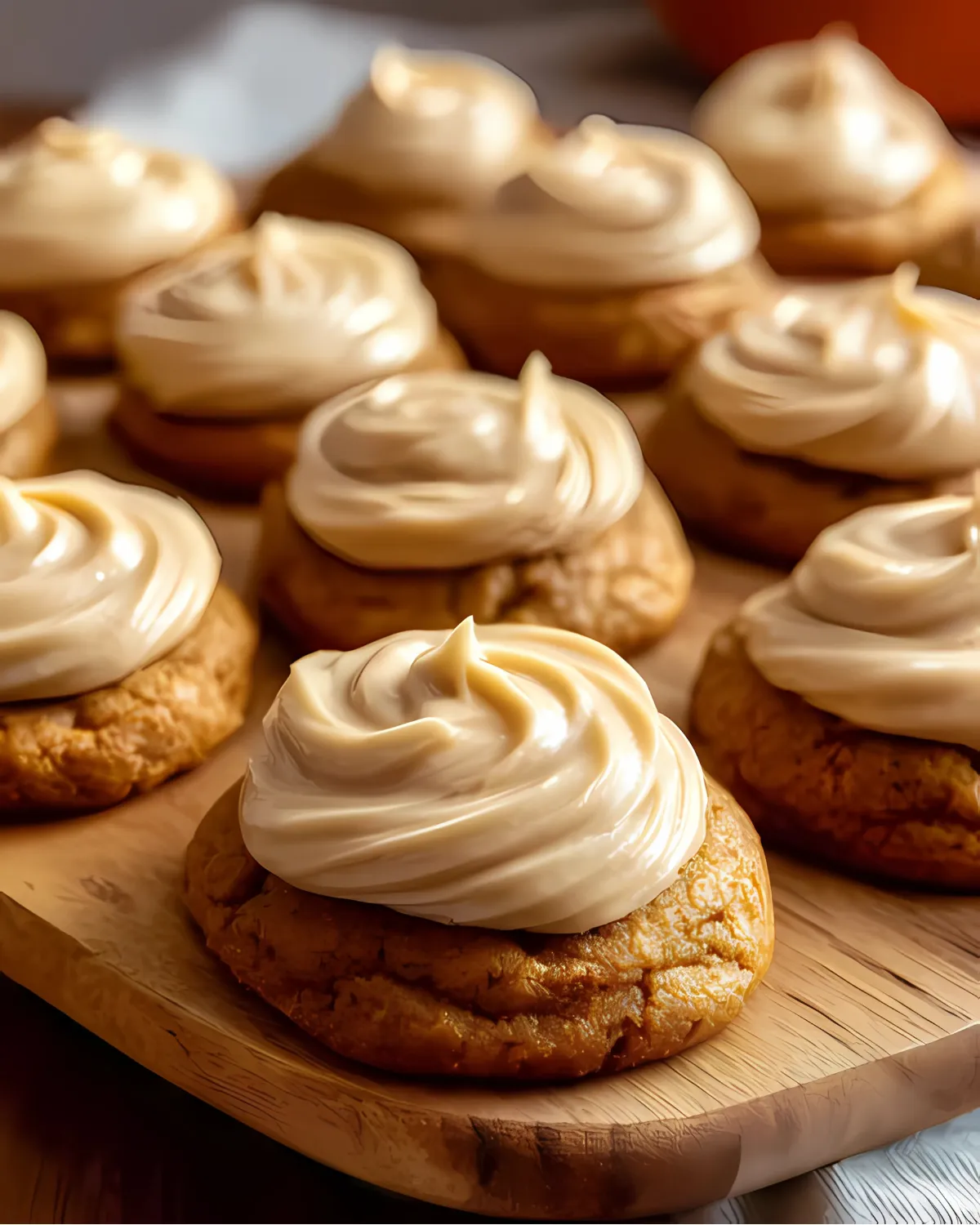 Close-up of Amish pumpkin cookies with frosting recipe on a wooden board, topped with smooth cinnamon icing.