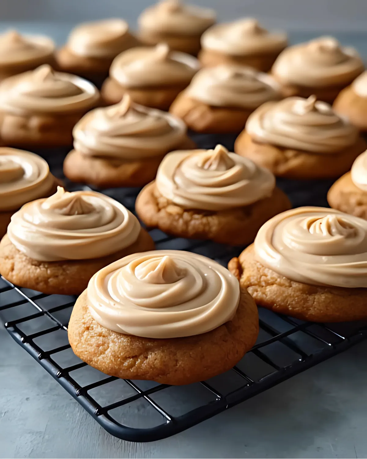 Freshly baked Amish pumpkin cookies with frosting recipe cooling on a black wire rack.