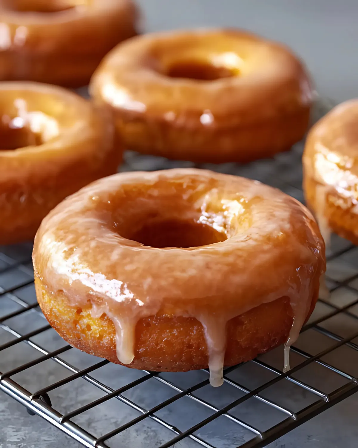 Freshly baked glazed pumpkin donuts cooling on a wire rack