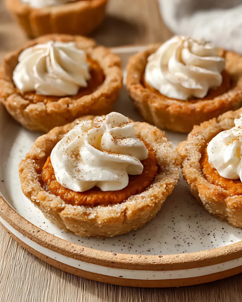 Close-up of Pumpkin Pie Cookies with golden crust and whipped cream topping on a speckled plate
