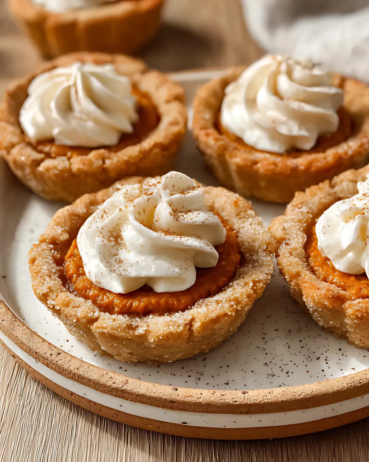 Close-up of Pumpkin Pie Cookies with golden crust and whipped cream topping on a speckled plate
