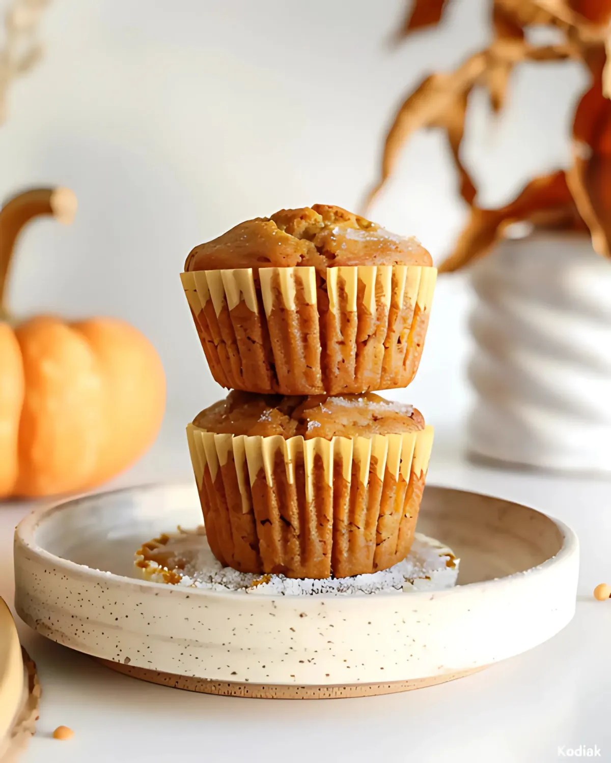 Two Kodiak Pumpkin Muffins stacked on a rustic ceramic plate with fall decor in the background.