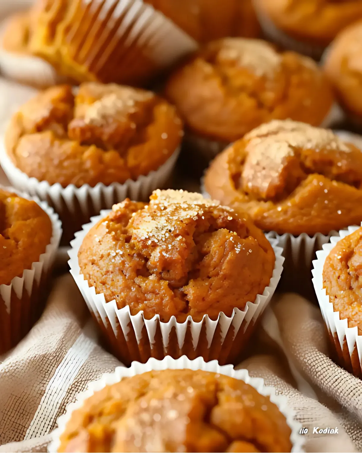 Close-up of freshly baked Kodiak Pumpkin Muffins in white paper liners, arranged on a textured cloth.
