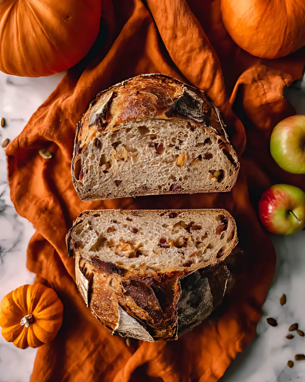 Rustic sliced sourdough pumpkin apple bread on a fall-themed background with pumpkins and apples