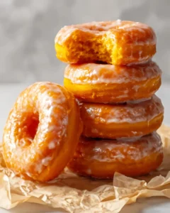 Stack of glazed pumpkin donuts with a bite taken from the top donut