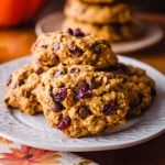 Freshly baked Pumpkin Cranberry Oatmeal Cookies stacked on a white plate with a soft autumn backdrop.