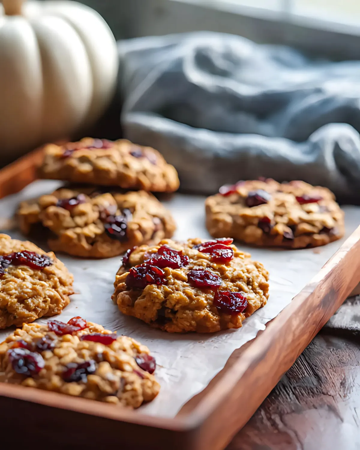 Pumpkin Cranberry Oatmeal Cookies cooling on a wooden tray lined with parchment paper.