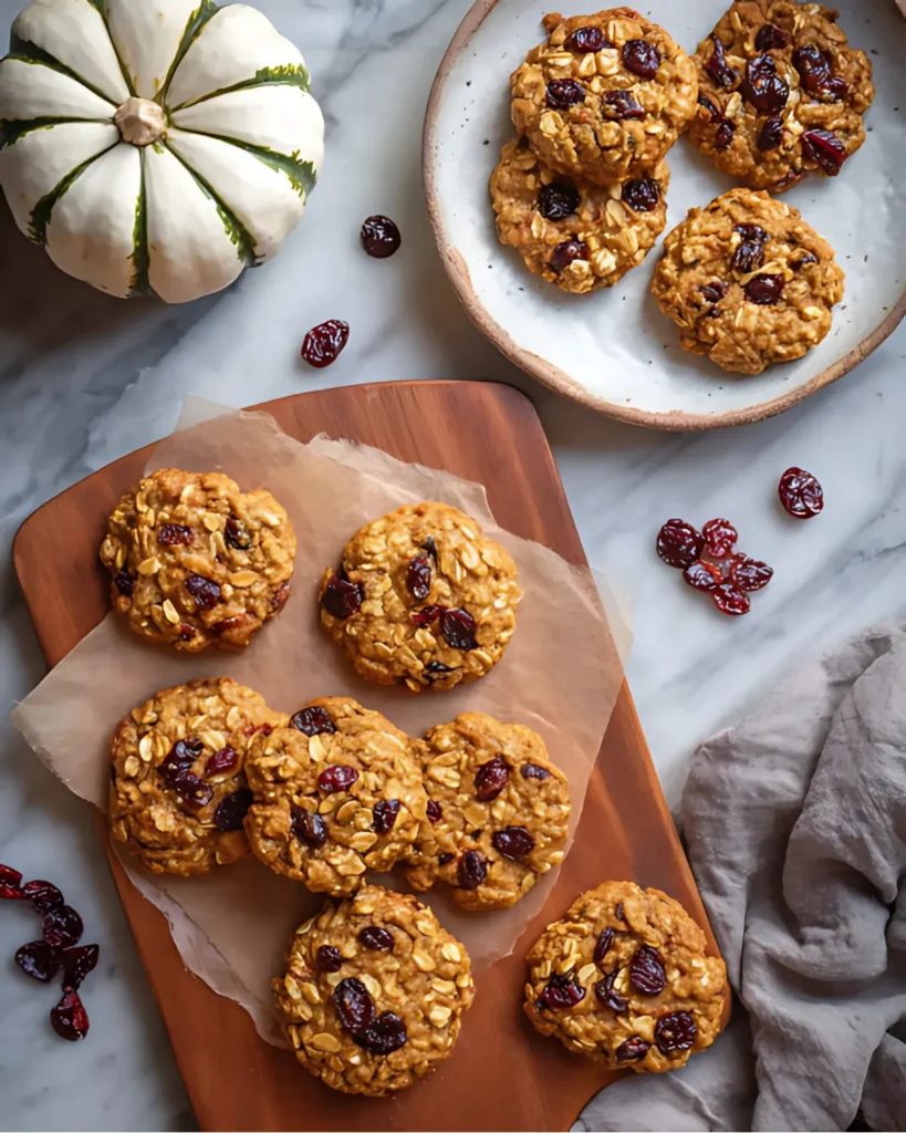 Flatlay of Pumpkin Cranberry Oatmeal Cookies arranged on a wooden board and ceramic plate with scattered dried cranberries.